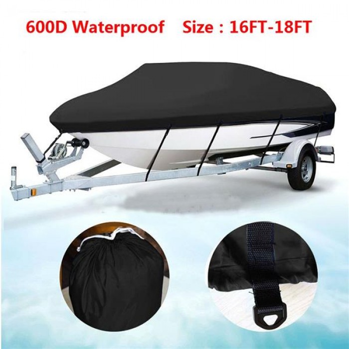 16-18ft 600D Oxford Fabric High Quality Waterproof Boat Cover with Storage Bag Black