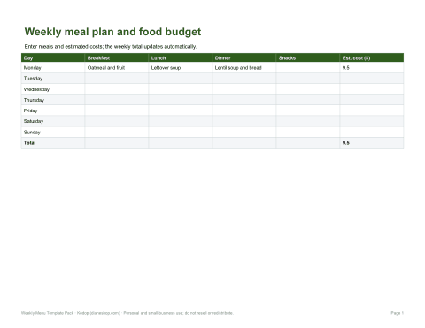 Preview of the first page of Meal planner (XLSX)